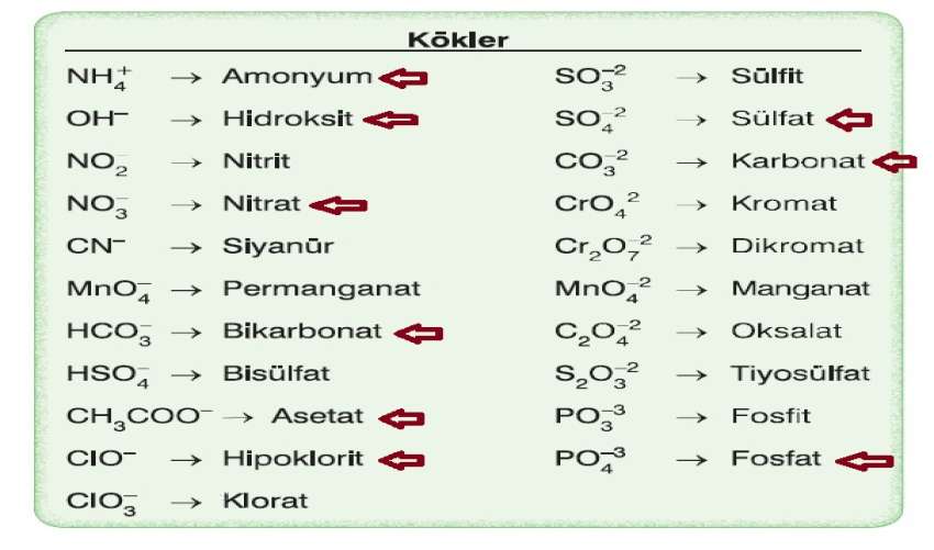 Kimyada Bilinmesi Gerek Yaygın Kullanılan Kökler