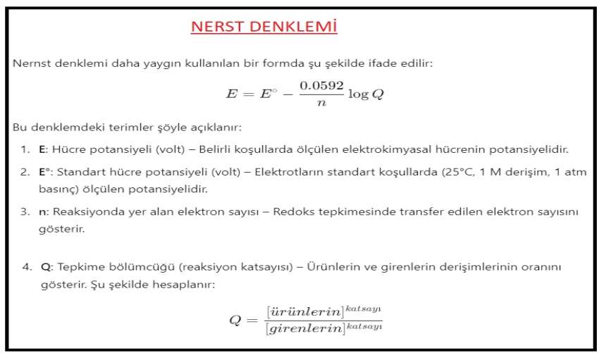 NERST DENKLEMİ  ( Kimya ve Elektrik )